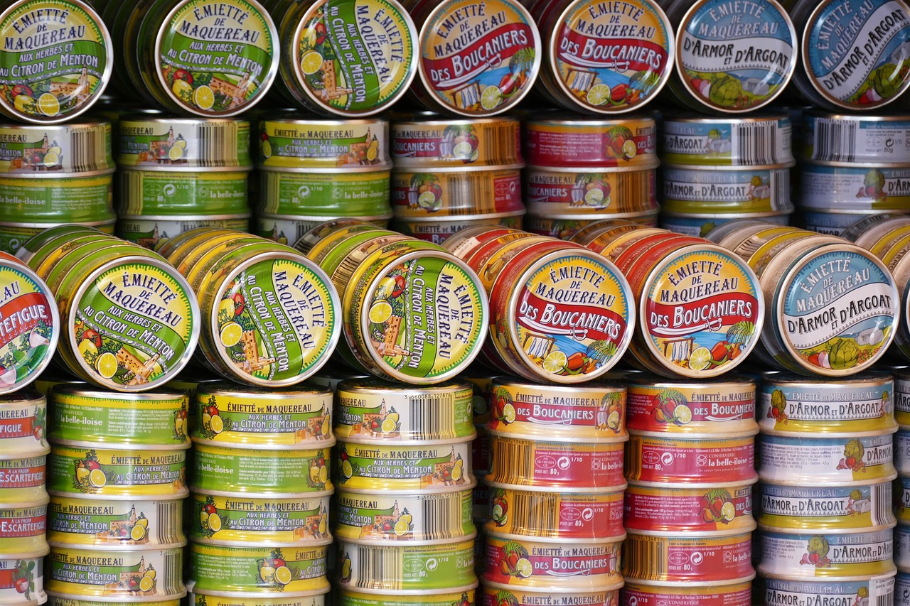 canned goods, cans, nature, canned food, finished products, meal, tin can, fish, can, shelf, food, supermarket, sardines, potted, rifle, packaging