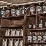 pharmacy, antique, old, chemicals, bottles, glass bottles, shelf, formerly, stock, container, bottle, drink, medicine, tools, heal, remedies
